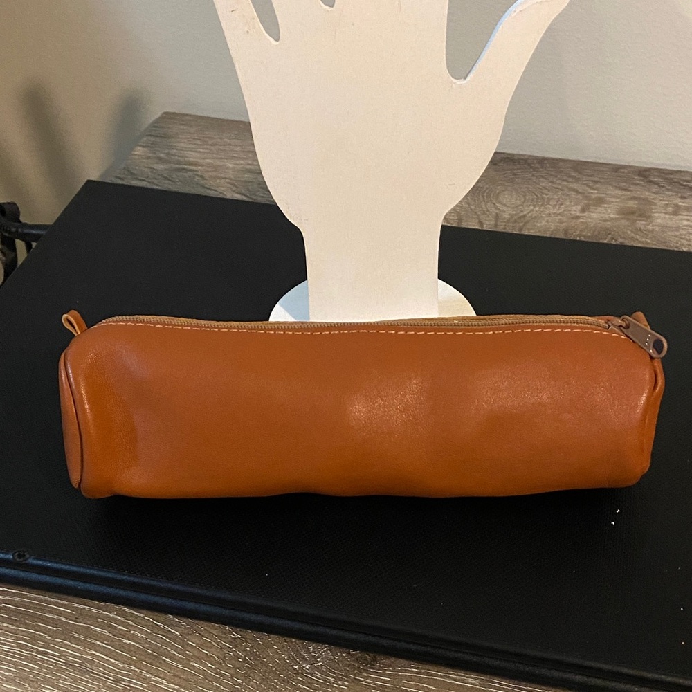 Claire Fontaine Tan Leather Pencil Case Pouch Zip Close Cosmetic Brush Bag - Picture 2 of 5